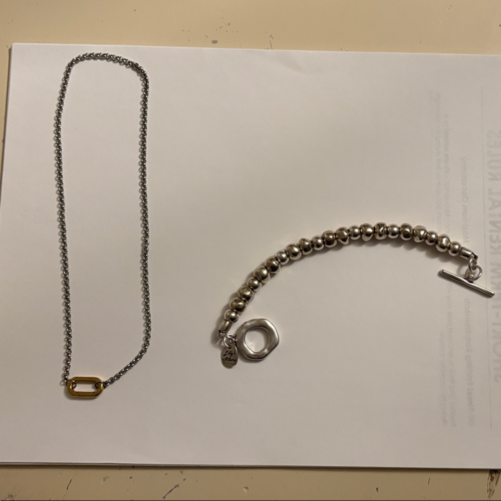 Silver/gold carabiner clasp necklace beaded bracelet set